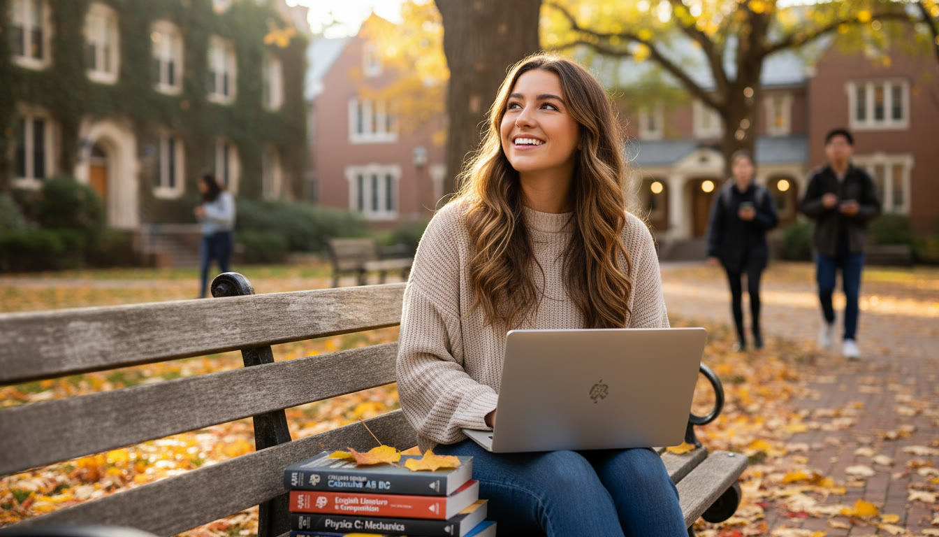 Photo Idea : A bright, candid photo of a student studying with a laptop and AP textbooks on a university campus bench in fall, looking confident and hopeful.