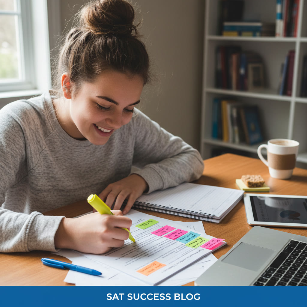 Photo idea: A student annotating a printed SAT passage with a highlighter and sticky notes, showing close reading in action.