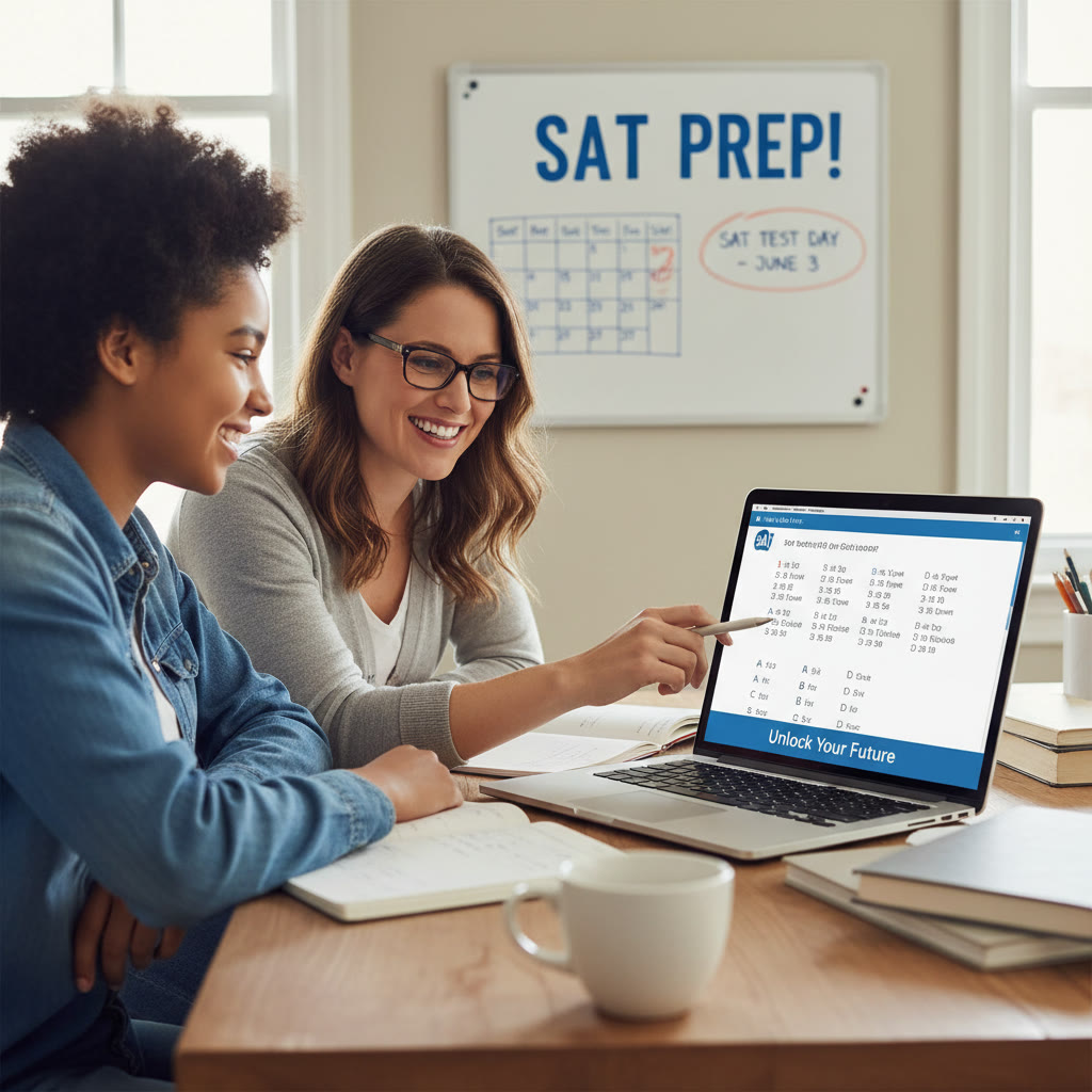 Photo idea: a student working with a tutor over a laptop, pointing at a practice problem while smiling