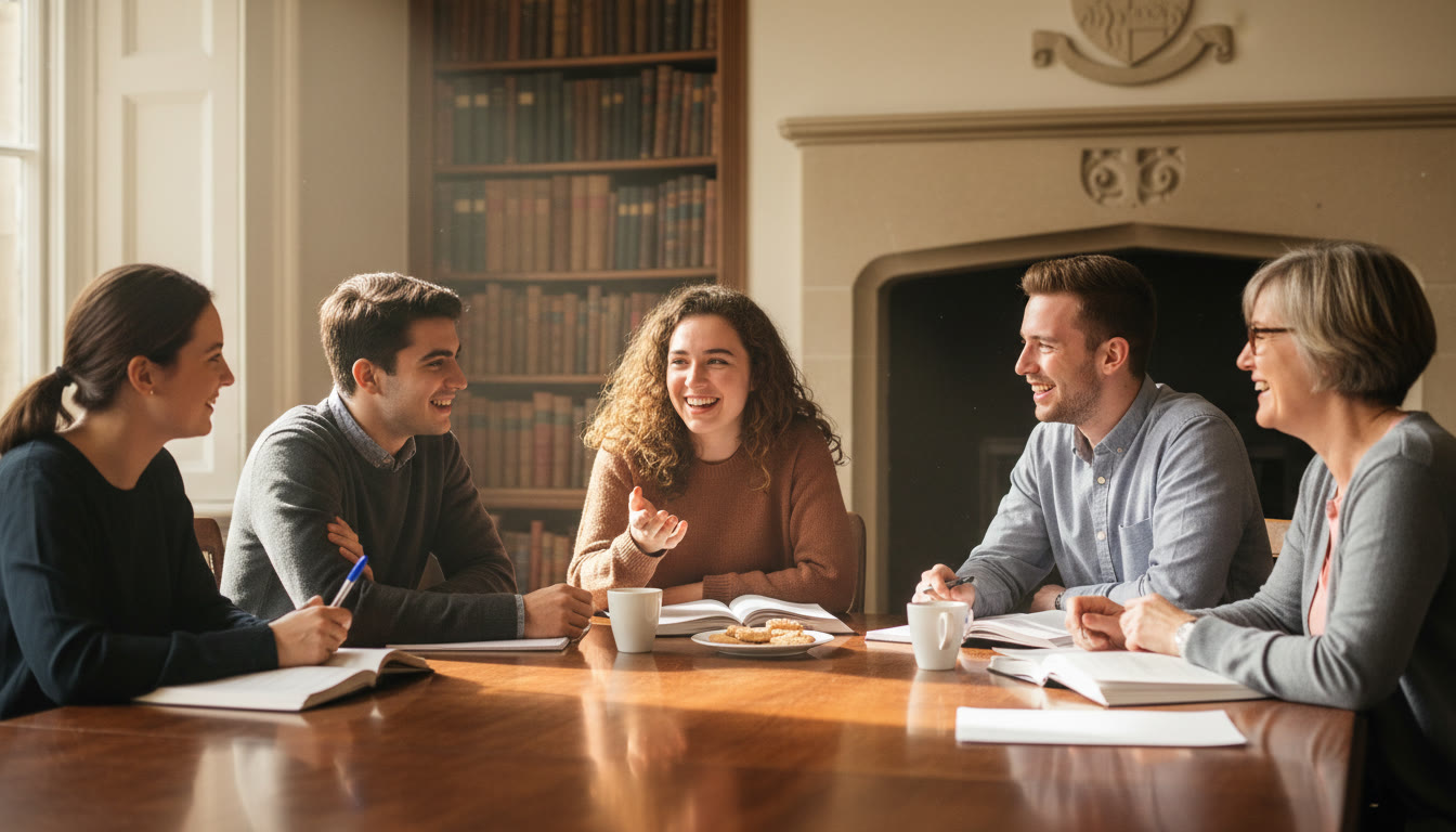 Photo Idea : A warm, candid photo of a small group discussion in a college-style tutorial setting (3–4 students with a tutor), illustrating the kind of interactive, idea-driven learning students might encounter at St Andrews.