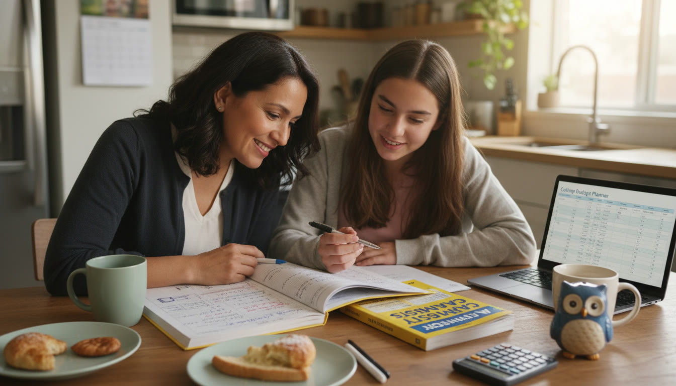 Photo Idea : A warm, close-up image of a parent and teen reviewing a lab notebook and an AP study guide at the kitchen table, showing collaboration and planning — a visual that connects budgeting and academic support.