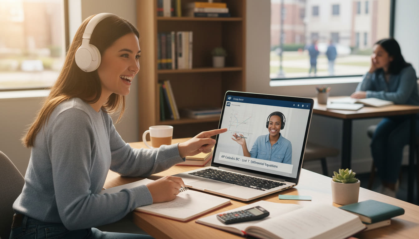 Photo Idea : A hopeful, action-oriented shot of a student in a quiet study nook, headphones on, working with a tutor on screen — representing focused, personalized learning and the confidence it builds.