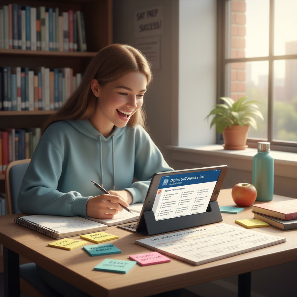 Photo Idea : A student taking a digital practice SAT on a tablet in a quiet library nook, with sticky notes and a schedule visible—clean, focused studying atmosphere.