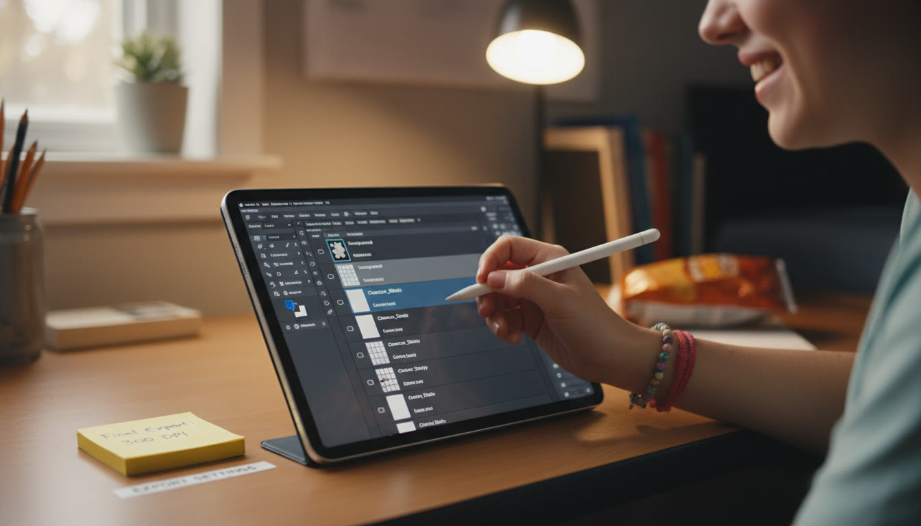 Photo Idea : A close-up of a student’s hand holding a stylus above a tablet with a visible layered PSD interface. Include a small, labeled sticky note near the tablet that reads 