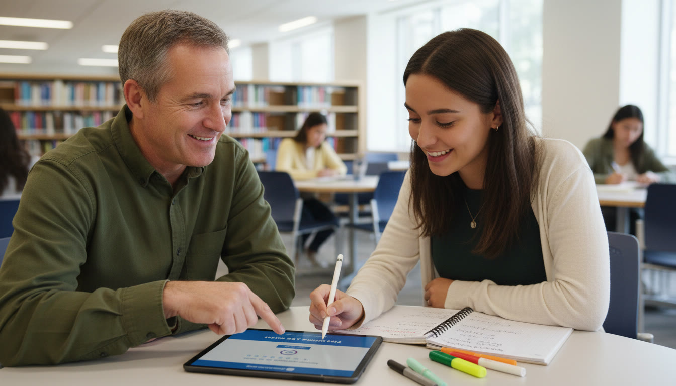Photo Idea : A close-up of a student taking a timed digital practice SAT on a tablet, with a tutor looking on and a notebook of targeted drill notes beside them   place this image near the sections describing SAT strategy and digital test practice to illustrate modern test prep.