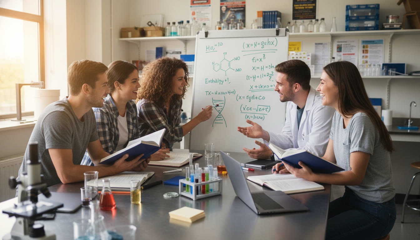 Photo Idea : A warm, candid photo of a small group of students collaborating around a lab bench or a whiteboard full of equations and sketches, illustrating teamwork, hands-on learning, and interdisciplinary thinking—ideal to place near the conclusion as a visual capstone.