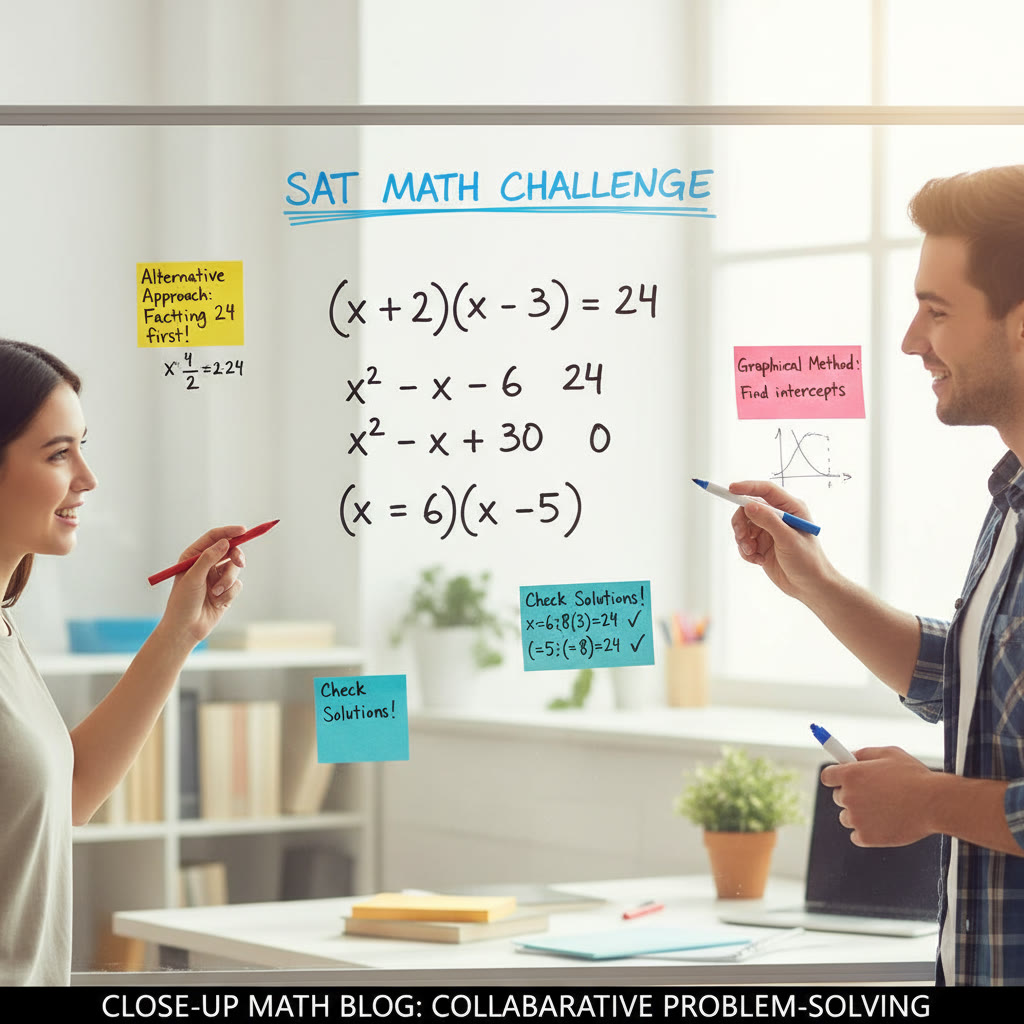 Close-up of a whiteboard with an SAT math problem solved step-by-step, with sticky notes showing alternative approaches — emphasizes collaborative problem-solving.