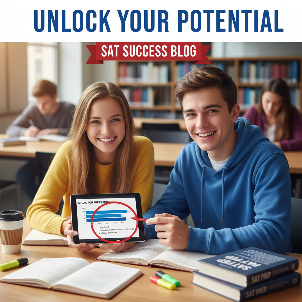 Two students comparing notes, one pointing to a practice report that highlights areas for improvement