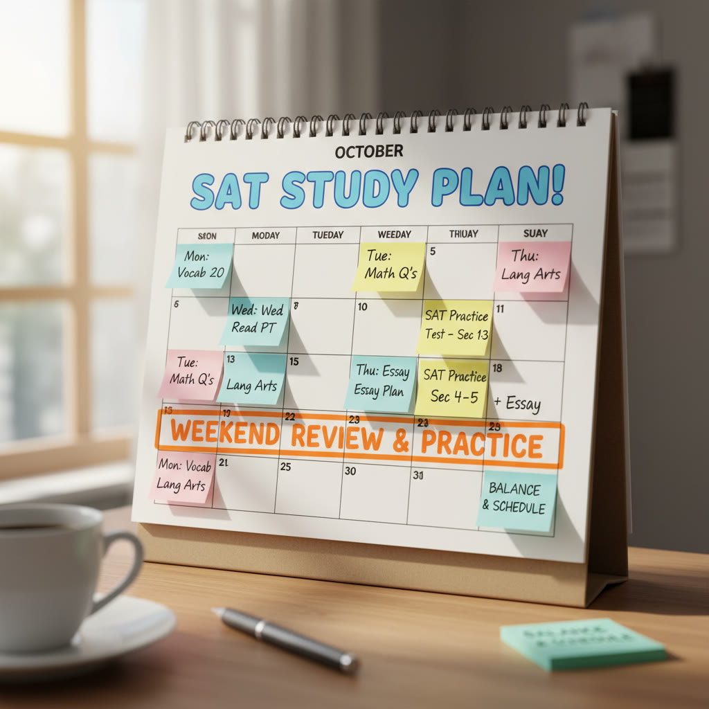 Photo idea: Close-up of a calendar with a six-week plan, sticky notes for short daily tasks, and a highlighted weekend for a practice SAT test, illustrating balance and scheduling.