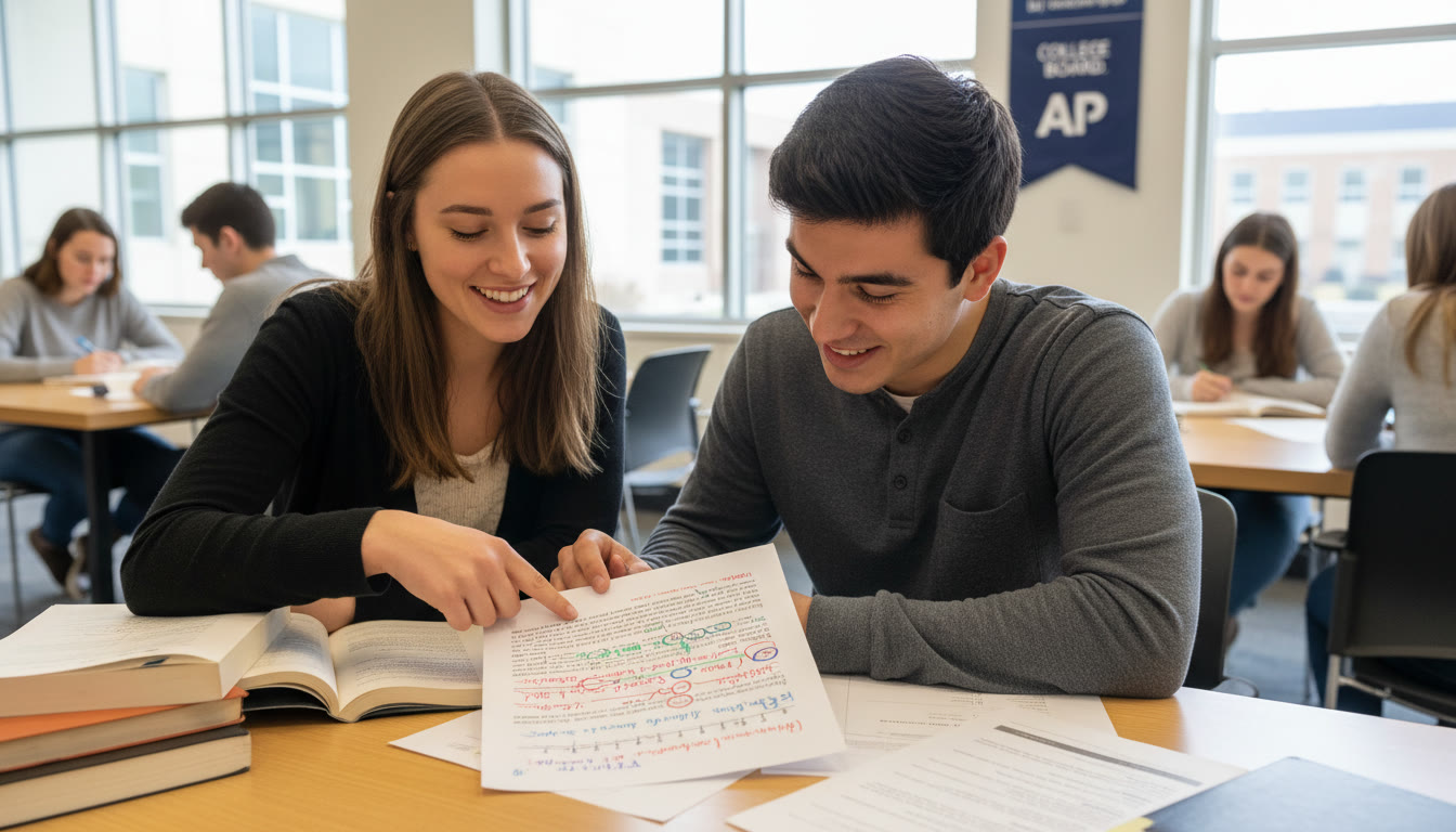 Photo Idea : A tutor and student reviewing a printed essay with colored markup, red lines showing tense edits and a small timeline drawn in the margin—visualizes guided revision and personalized tutoring.