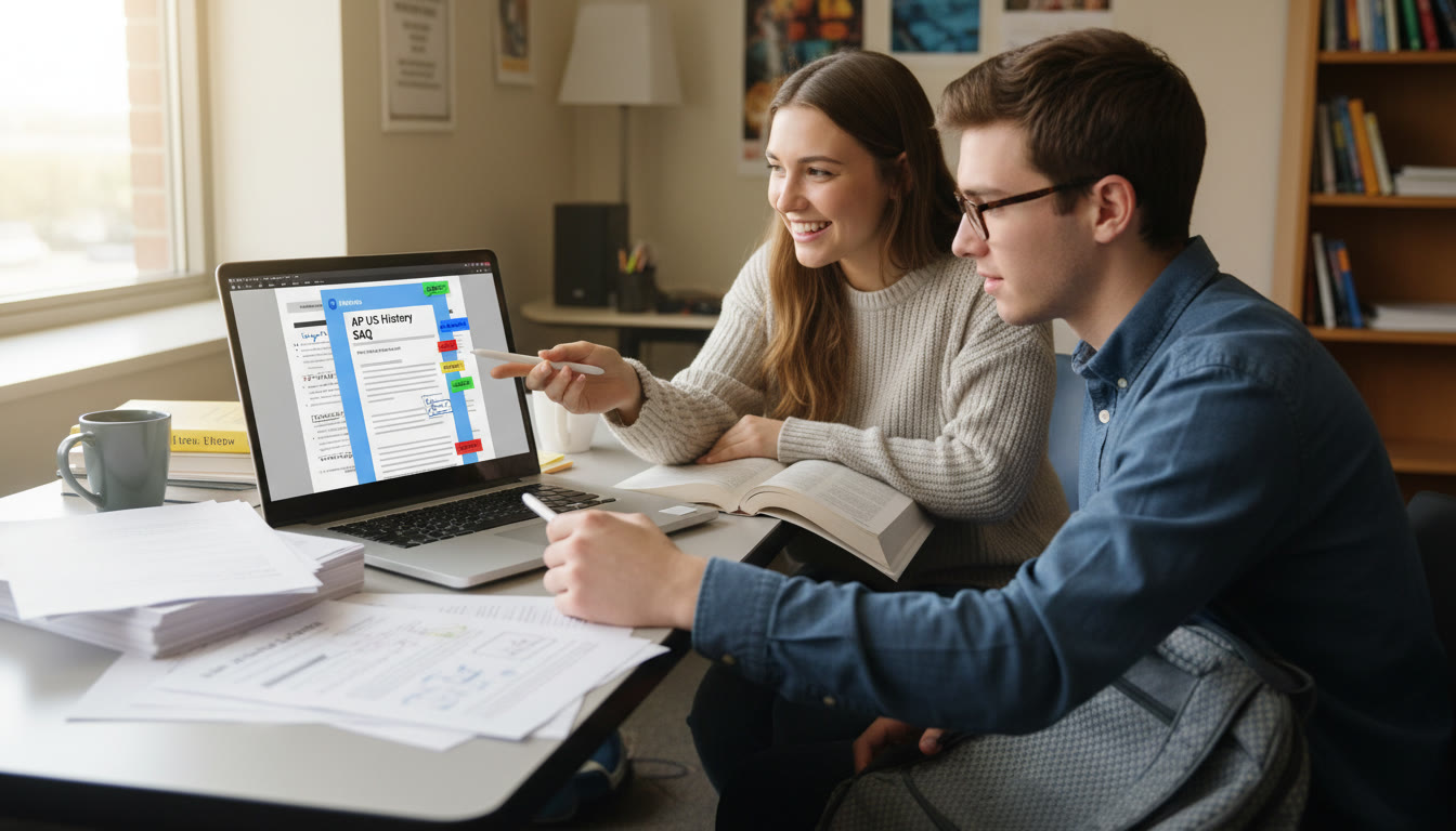 Photo Idea : A tutor and student reviewing a stack of SAQ practice sheets on a laptop with color-coded annotations — conveys collaborative, personalized coaching energy.