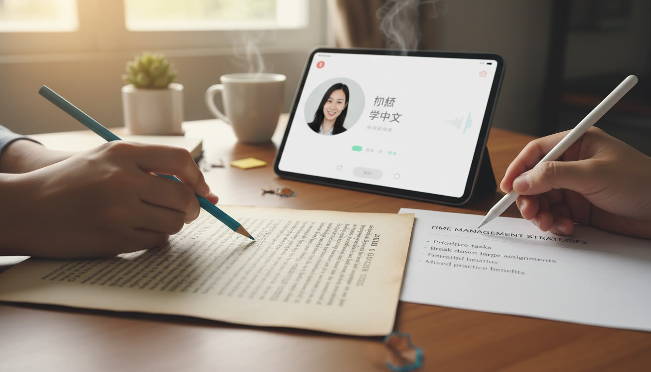 Photo Idea : Close-up of hands annotating a Latin passage with colored pencil and a separate tablet showing a Chinese speaking prompt; place this image near the Time Management section to visually reinforce the idea of simultaneous, mixed practice.