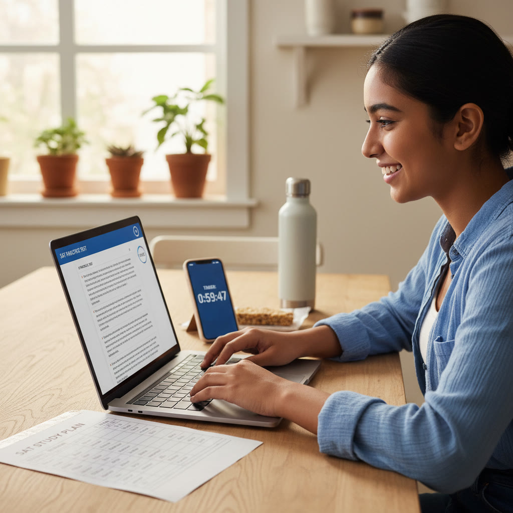 Photo Idea : Close-up of a student taking a timed full-length digital SAT practice test at a kitchen table, with a printed schedule and a timer app in the corner — conveys focus and preparation.