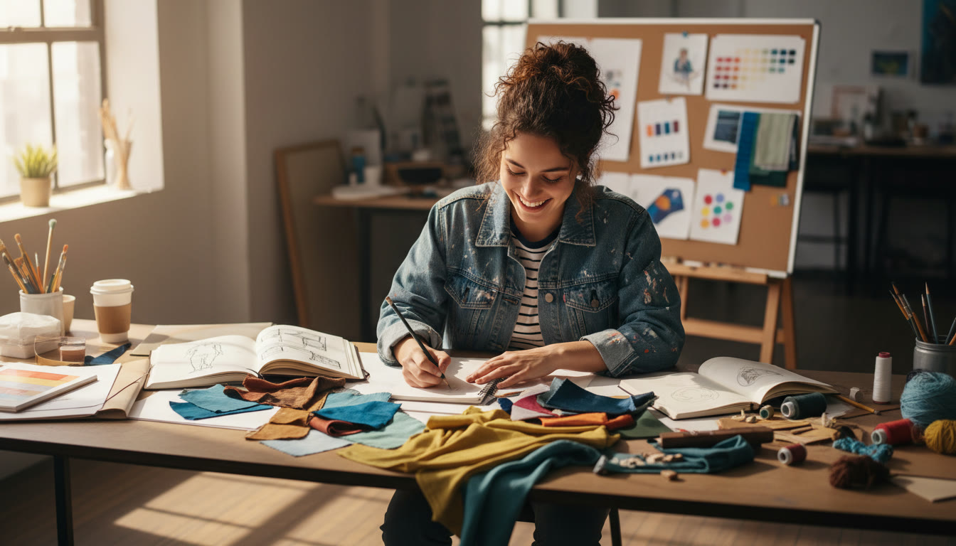 Photo Idea : A student in a sunlit studio, mid-sketch, with a spread of sketchbooks and textile swatches on a table — shows process and investigation.