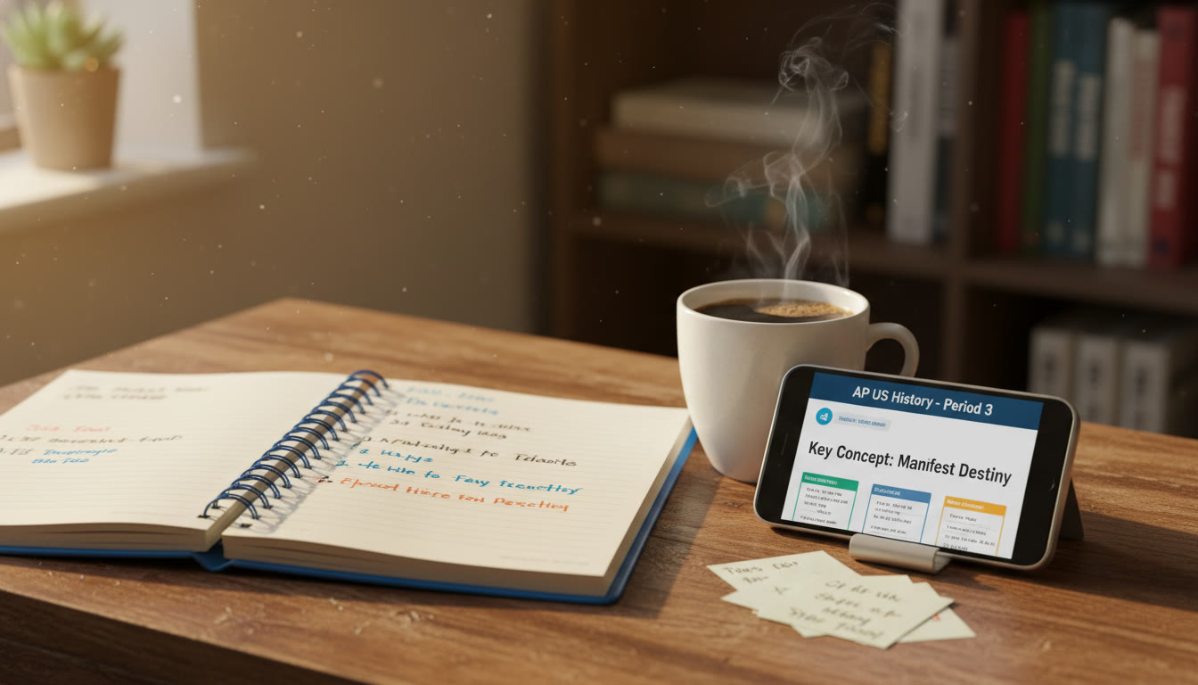 Photo Idea : A bright, open notebook beside a cup of coffee and a phone displaying flashcards—close-up, warm tones, natural light. This visual belongs near the top of the article to set a cozy, study-friendly mood.