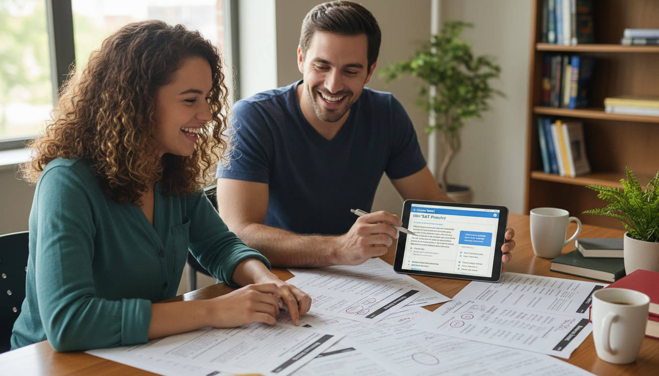 Photo Idea : A study snapshot showing a student and a tutor reviewing a practice test together, pages spread out, with a digital tablet open to an SAT practice interface.