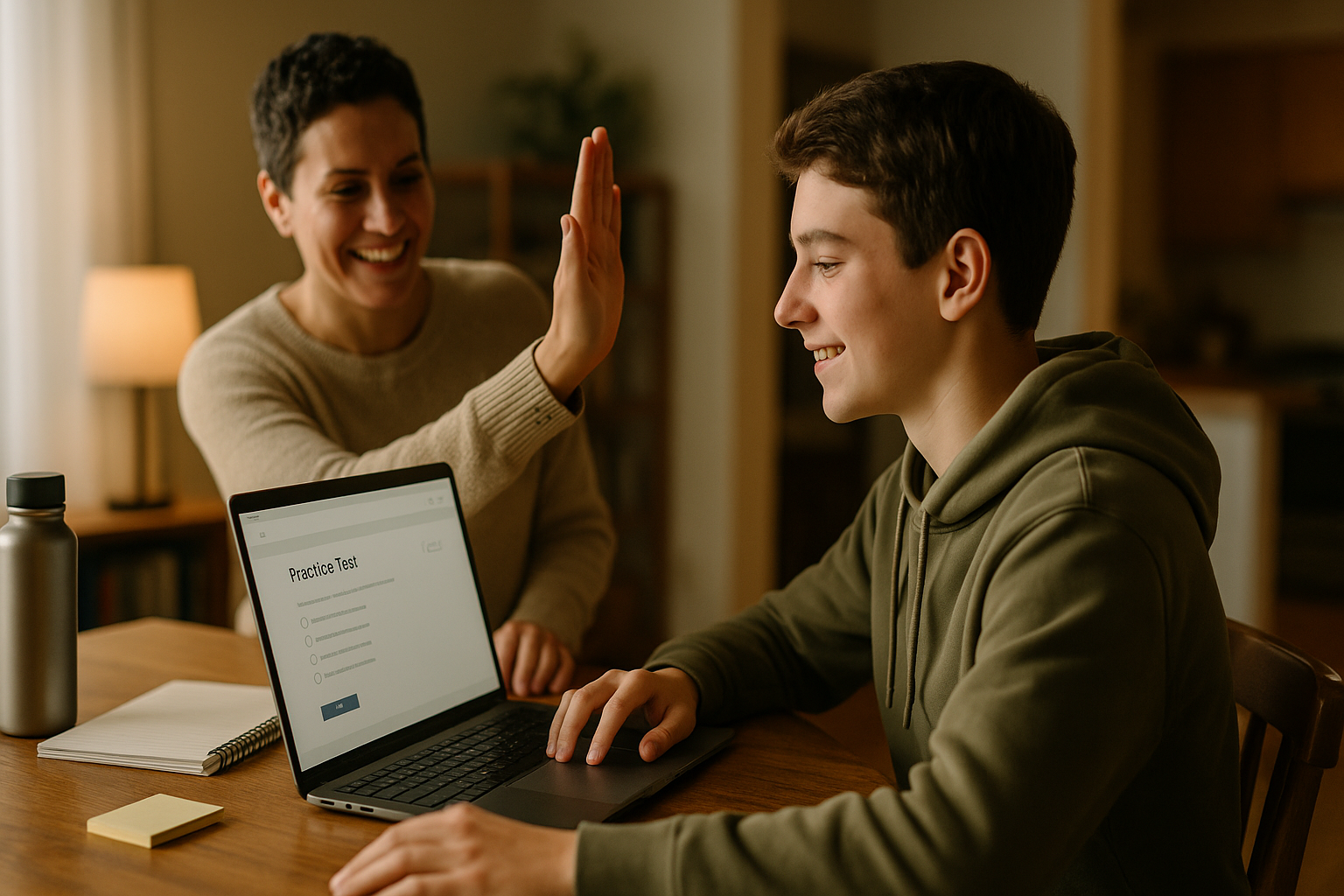 Photo Idea : A calm scene of a student finishing a practice test on a laptop, a parent offering a supportive high-five in the background — conveys teamwork and quiet confidence.