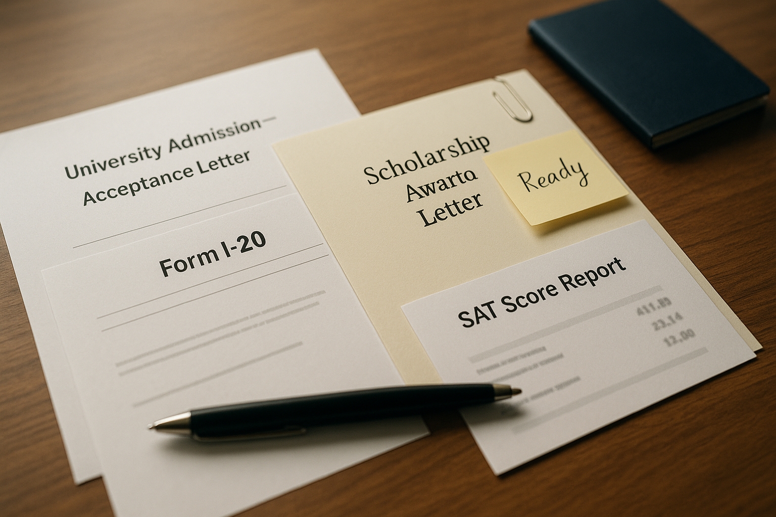 Photo Idea : A close-up of a well-organized visa packet on a table: acceptance letter, I-20, scholarship letter, and a printed SAT score report — calm and orderly, signaling readiness.