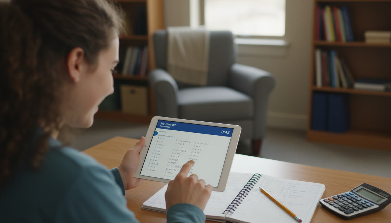 Photo Idea : Close-up of a student taking a timed practice Digital SAT on a tablet, with notes and a calculator nearby.