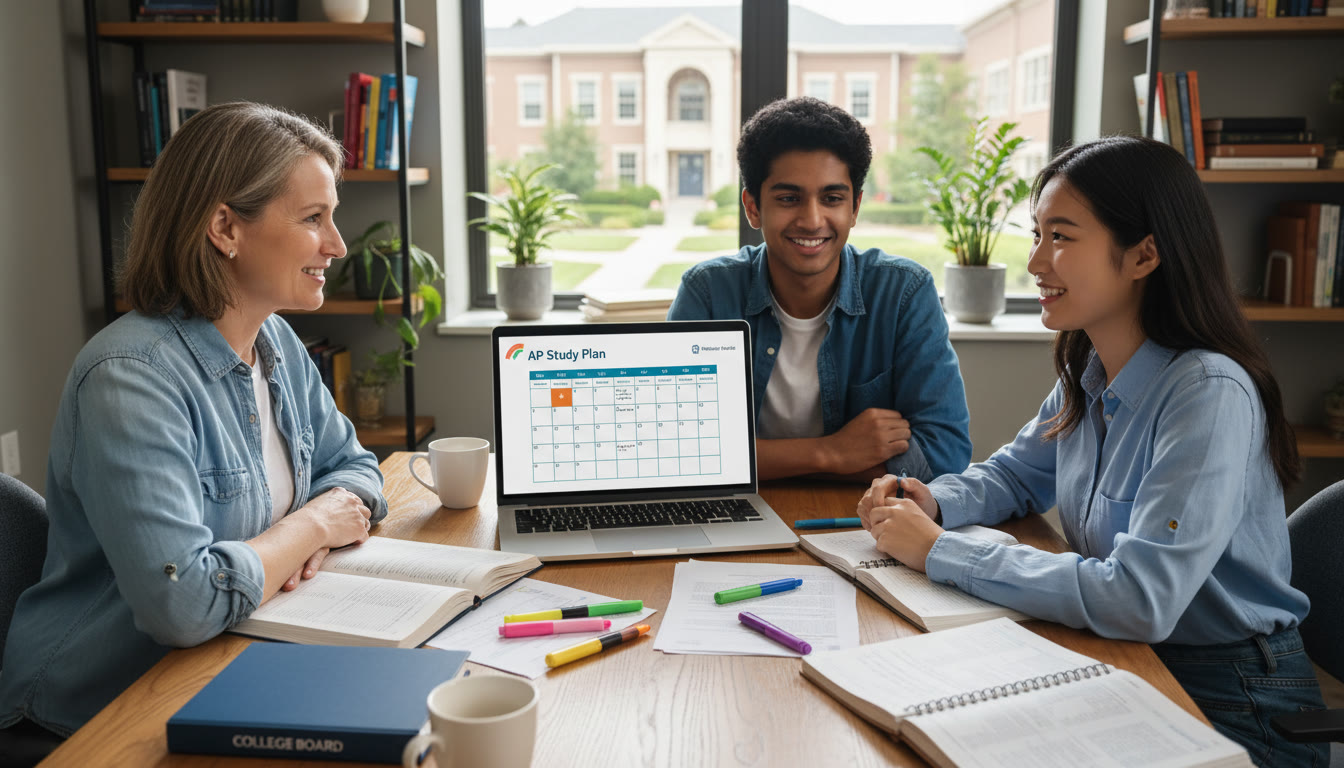 Photo Idea : A small group meeting between a student, a parent, and a tutor around a table with notes and a laptop—friendly conversation, pointing to a study plan. Mood: collaborative, reassuring.