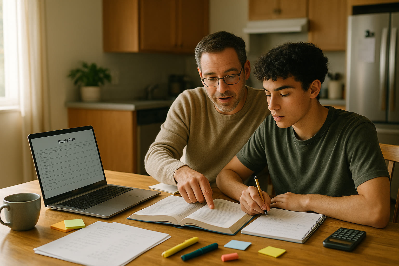 Photo Idea : A parent and teenager reviewing test prep materials together at a kitchen table, sunlight streaming in, laptop open to a study plan.
