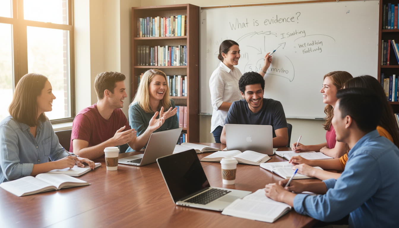 Photo Idea : A small seminar room with students around a table, books and laptops open, a whiteboard with a question written—