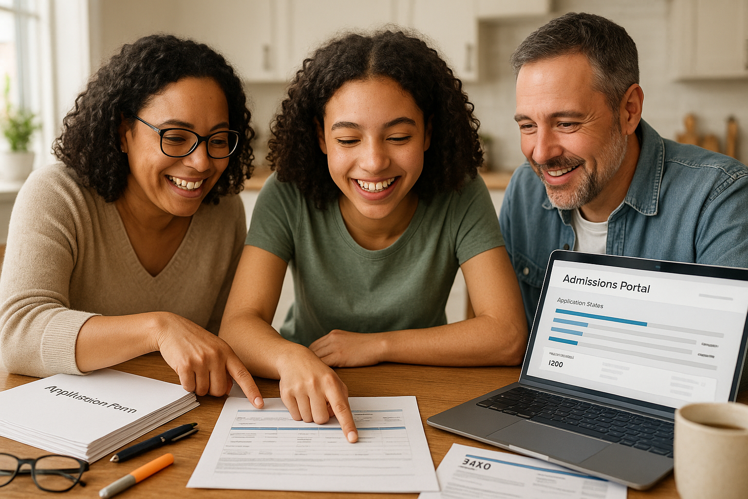 Photo Idea : A family at the kitchen table with a stack of application forms, a laptop showing an admissions portal, and a printout of an SAT score report—parents and student pointing at the timeline together, looking optimistic.