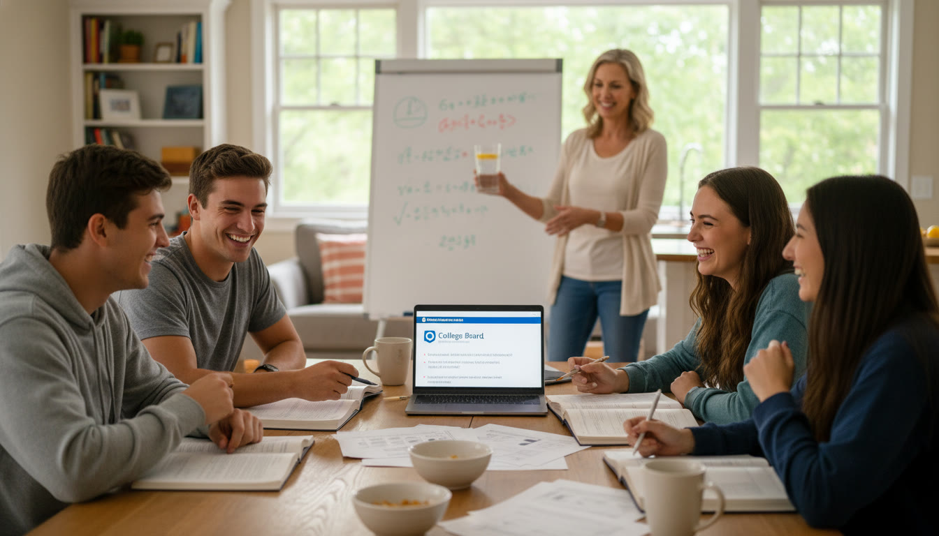 Photo Idea : A candid, upbeat scene of a small group of students studying together with a parent in the background offering a glass of water—captures collaboration, caring, and real-life study atmosphere.