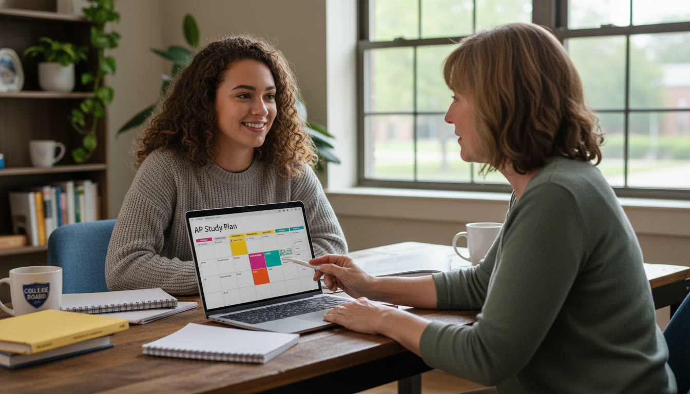 Photo Idea : A friendly scene of a student meeting with a tutor (or parent and student with a laptop open to a study plan), showing a relaxed but focused environment — this works well in the latter half of the article where planning and tutoring are discussed.
