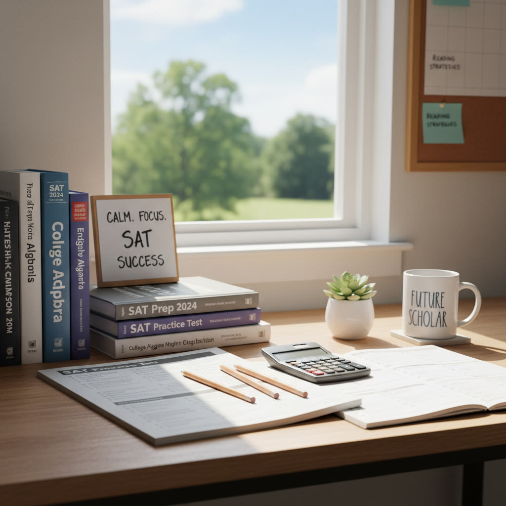 A quiet study desk by a window with textbooks, a practice test, and a small plant — evoking calm, focused preparation.