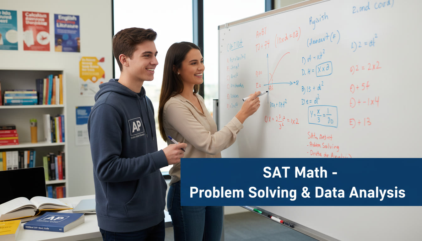 Photo Idea : A tutor and student reviewing a problem on a whiteboard during a one-on-one SAT session, illustrating personalized instruction and focused support.