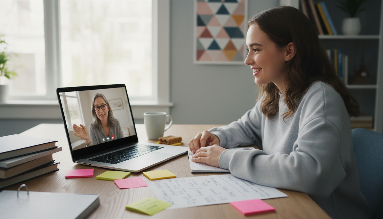 Photo Idea : A focused shot of a student studying at a desk with a laptop and a tutor on a video call, with sticky notes and a printed study plan visible — conveying modern, personalized support.