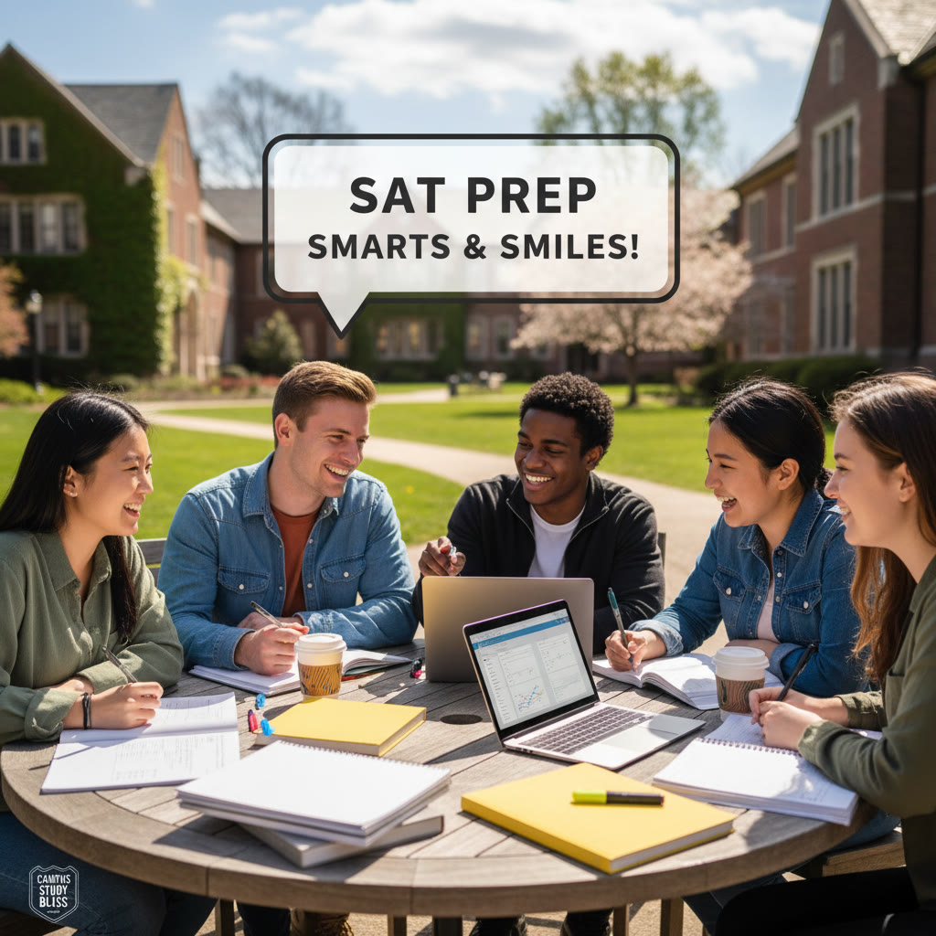 Photo Idea : A diverse group of students studying together with laptops and notebooks, campus buildings blurred in the background.