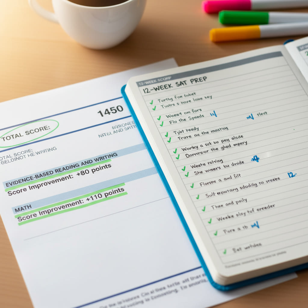 Close-up of a score report with highlighted section improvements and a planner showing a 12-week study schedule; the image suggests progress and organization.