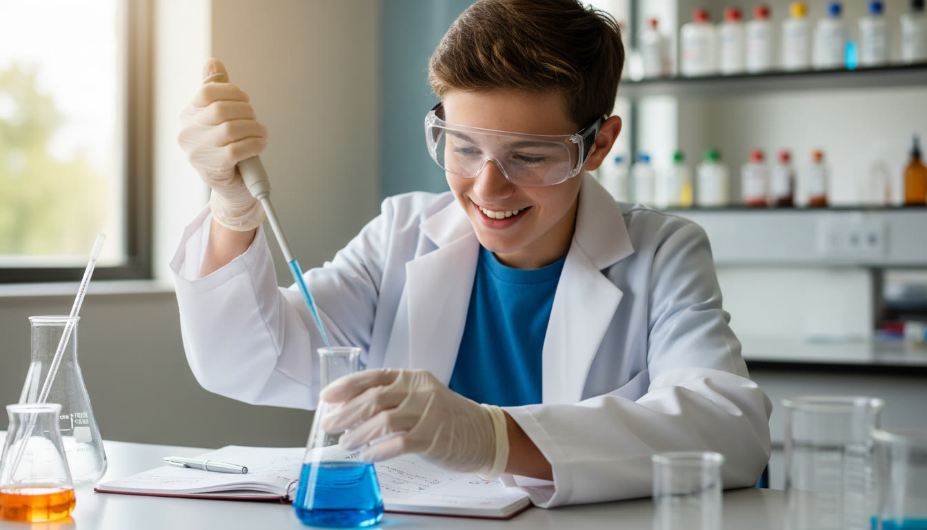 Photo Idea : A bright, candid shot of a high school student in safety goggles pipetting in a school lab, with an open notebook beside them. The image should feel authentic and focused, showing hands-on engagement.