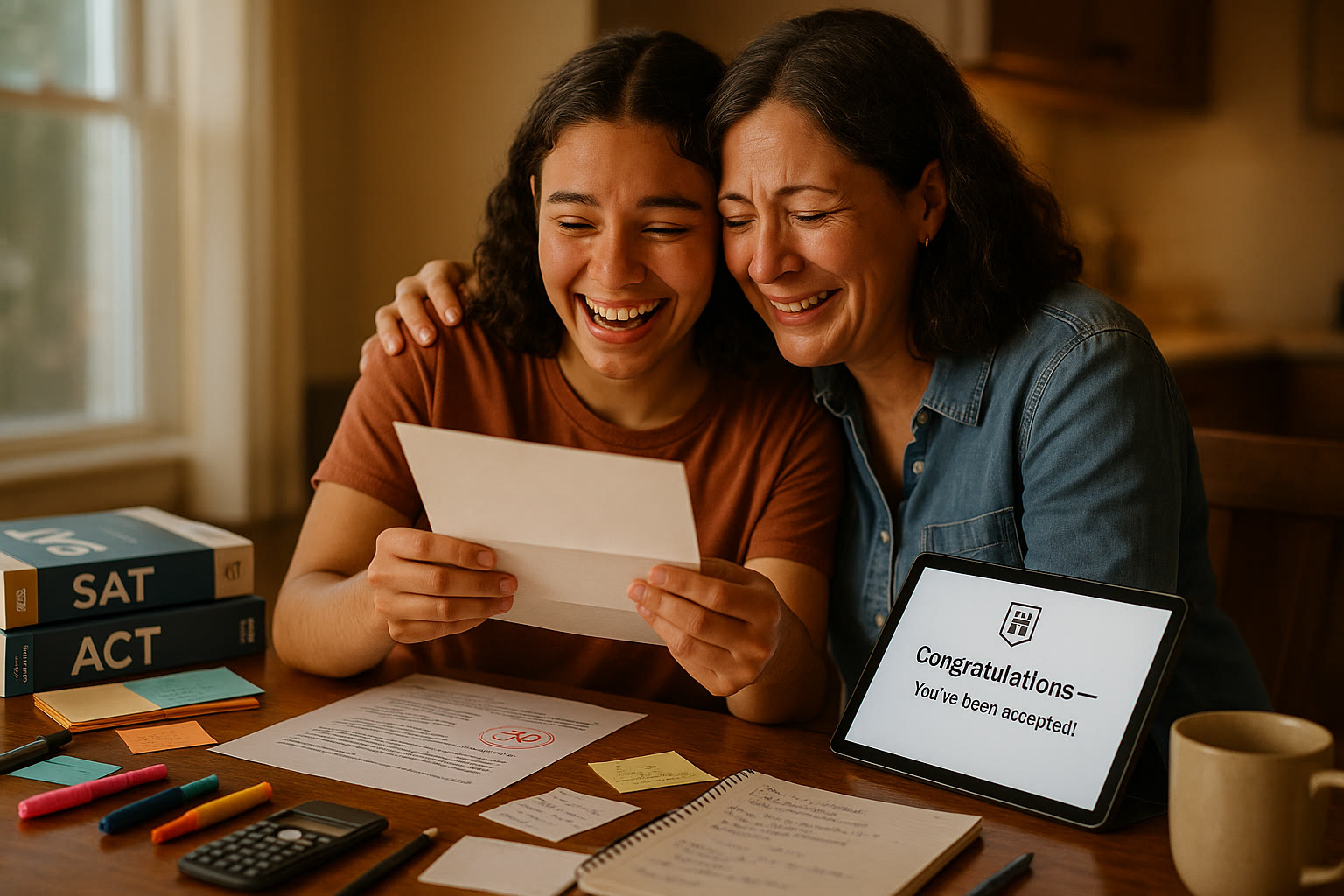 Photo Idea : A celebratory moment — student and parent opening an acceptance letter or viewing an acceptance email together, with test-prep materials and a tablet in the background. Warm, candid emotion that ties score strategy to real-life outcomes.
