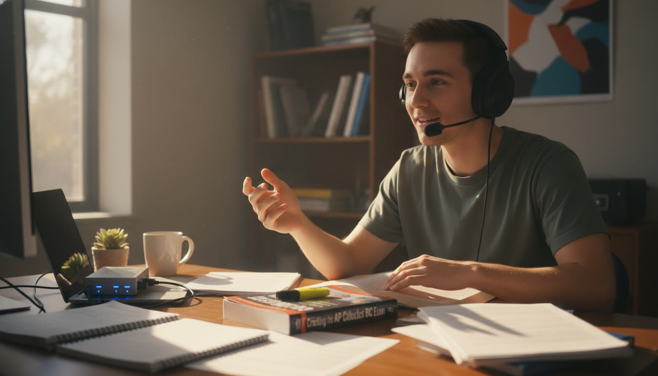 Photo Idea : A student at a desk with headphones and a microphone, mid-recording, papers and an AP prep book visible in soft focus — warm natural light, shows focus and calm.