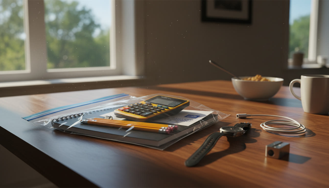 Photo Idea : A neatly packed exam bag on a kitchen table with a watch, No. 2 pencils, a calculator, and a charger visible—soft morning light, conveying calm readiness.