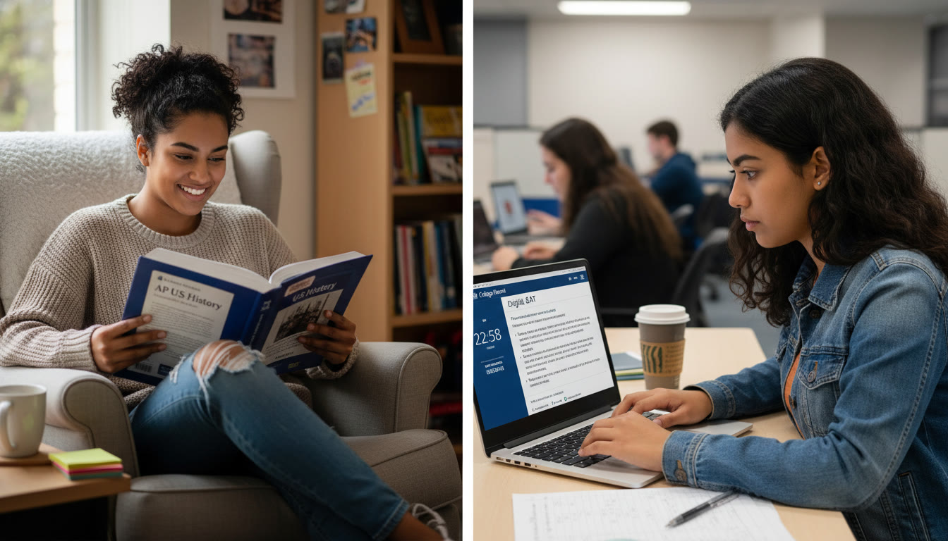 Photo Idea : A split image showing a student curled up with a thick AP textbook on one side and the same student at a laptop practicing timed Digital SAT questions on the other conveys the contrast between sustained study and timed problem-solving.