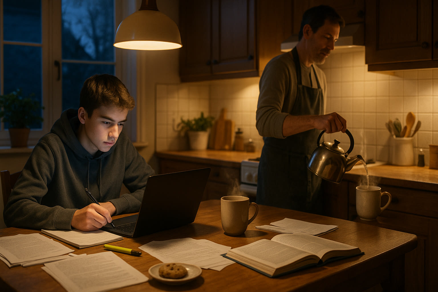 Photo Idea : A cozy kitchen table at dusk with a teen studying on a laptop, a parent making tea nearby, and notebooks scattered around.