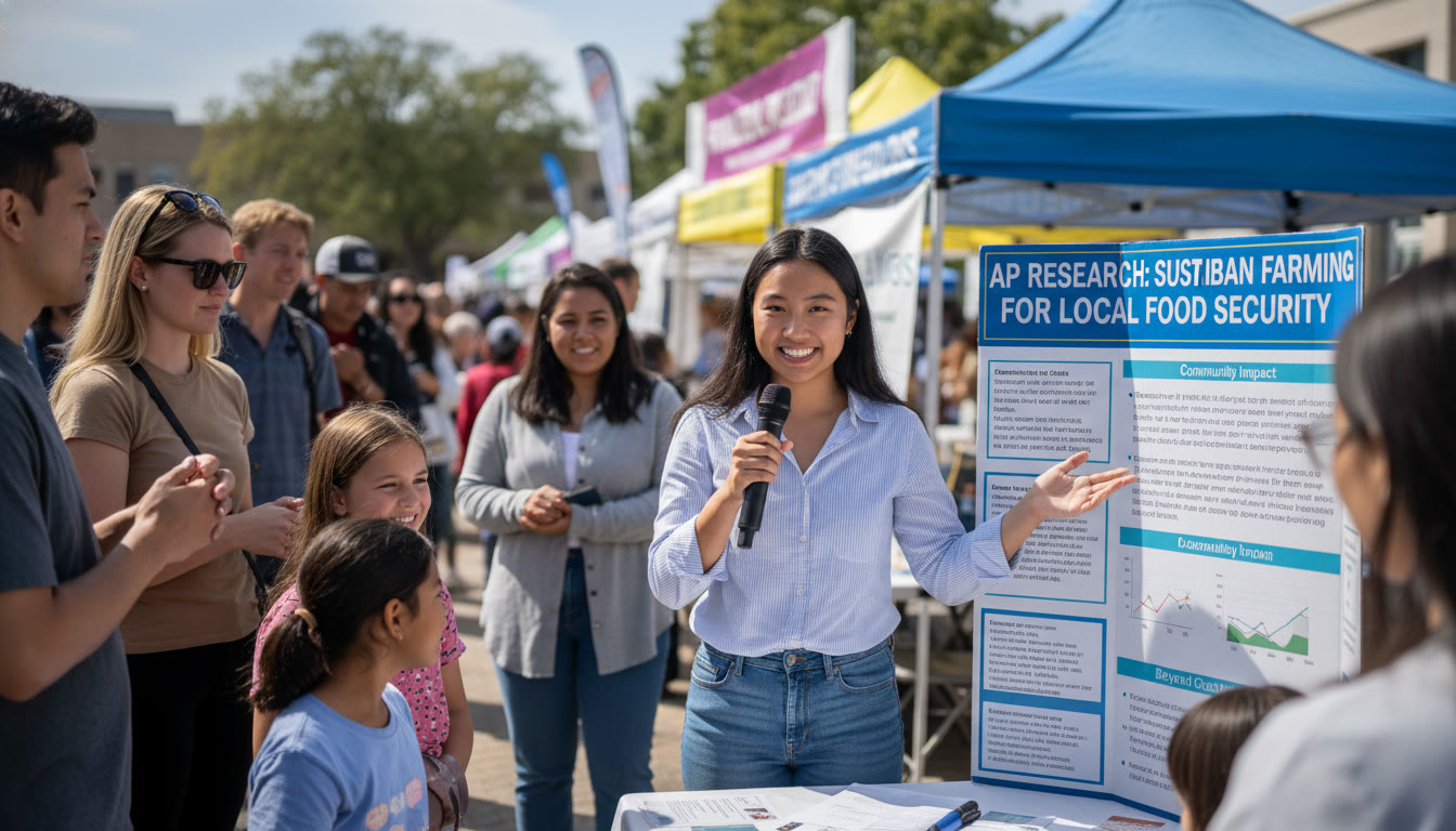 Photo Idea : A student presenting a poster at a school fair with an AP Research title visible—illustrates applying AP work beyond the classroom and connecting to community impact.