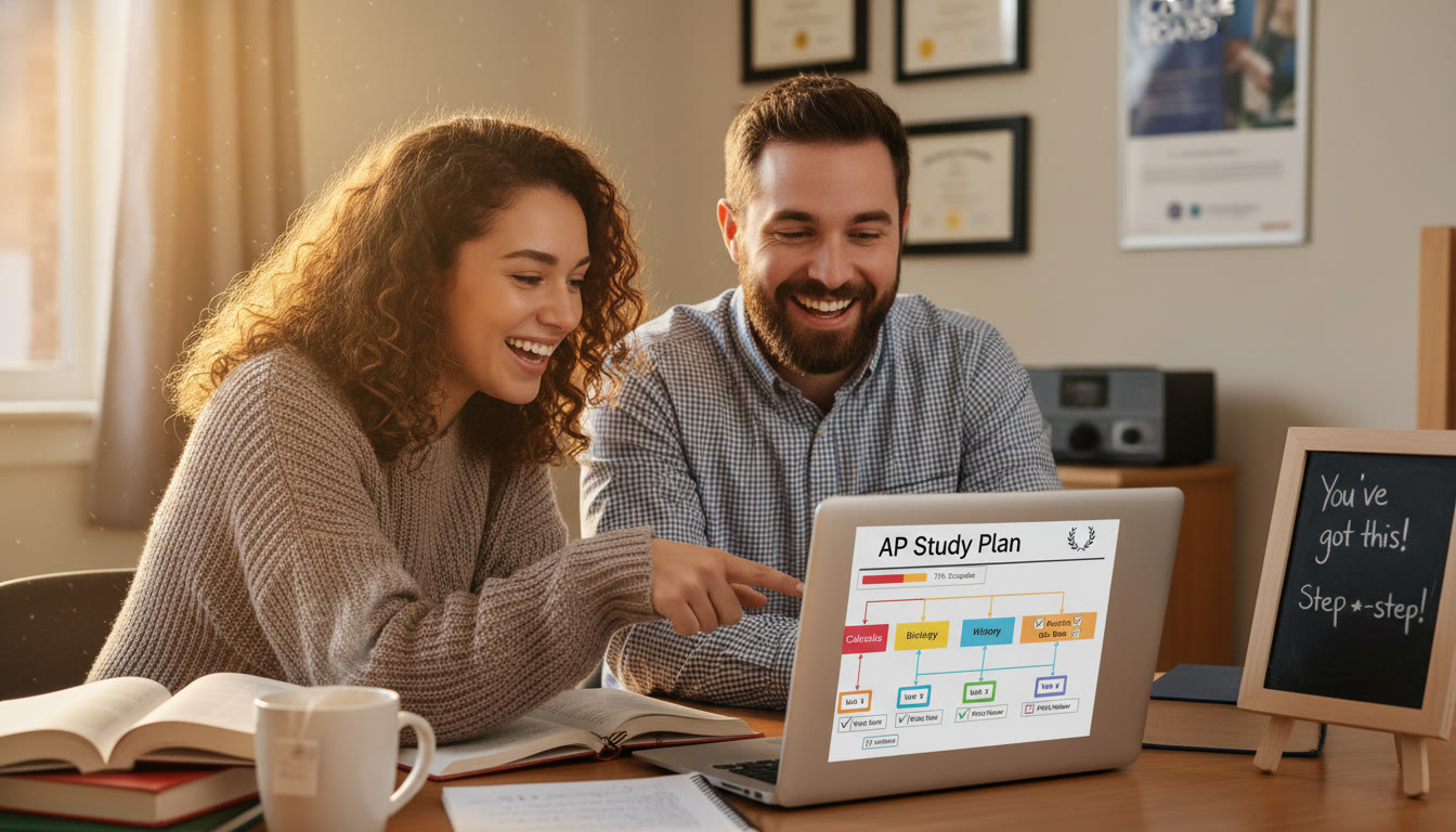 Photo Idea : A warm, storytelling image of a student in a small study session with a tutor, both smiling over a laptop showing a study plan. The scene should suggest personalized coaching, motivation, and step-by-step progress.