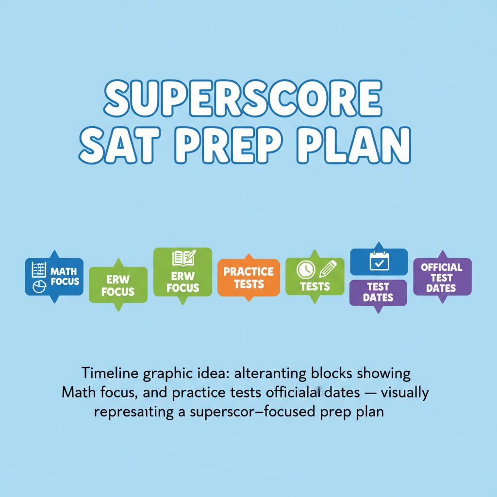 Timeline graphic idea: alternating blocks showing Math focus, ERW focus, practice tests, and official test dates — visually representing a superscore-focused prep plan.