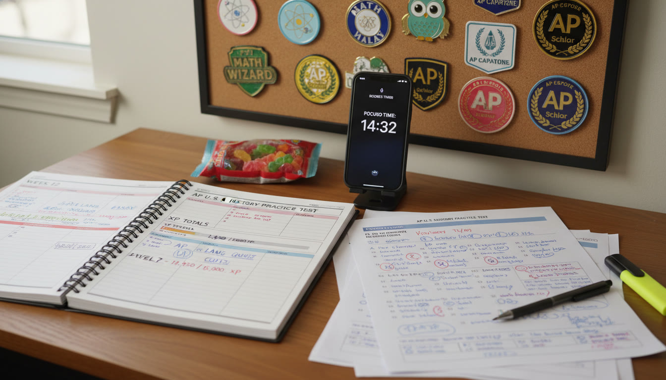 Photo Idea : A close-up of a student’s desk in mid-study: colorful badges on a corkboard, an open planner showing XP totals, annotated practice test pages, and a phone showing a timer app. The image should communicate focus, organization, and a bit of playfulness.