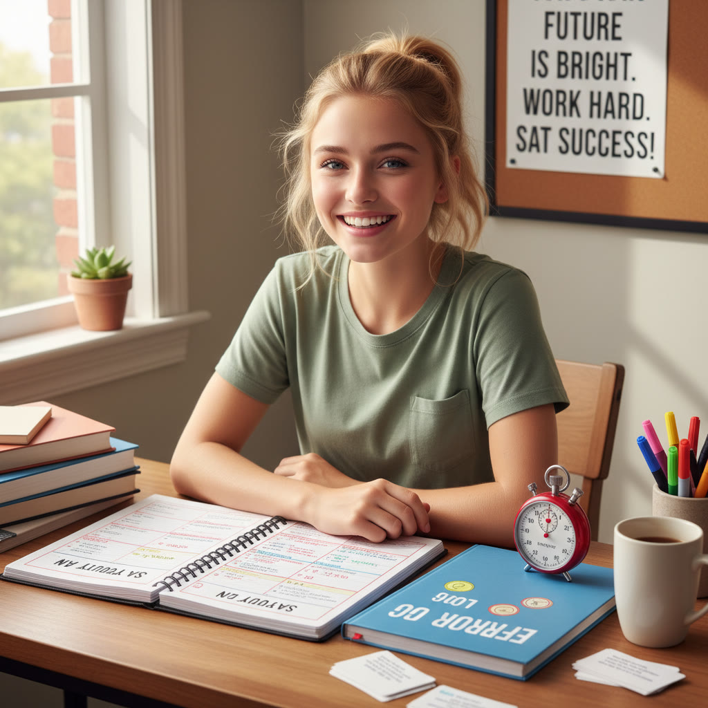 Photo idea: A student at a desk with a neatly organized study plan, error log notebook, and a stopwatch—visualizing disciplined SAT prep.