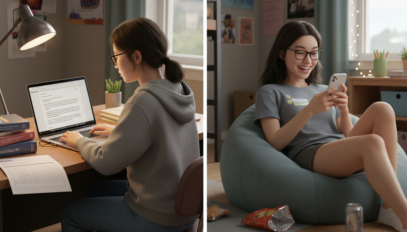 Photo Idea : A split-screen photograph — on the left, a student typing a formal email at a desk with textbooks and a printed rubric; on the right, the same student smiling while texting on a phone. The visual contrast highlights formal vs informal registers.