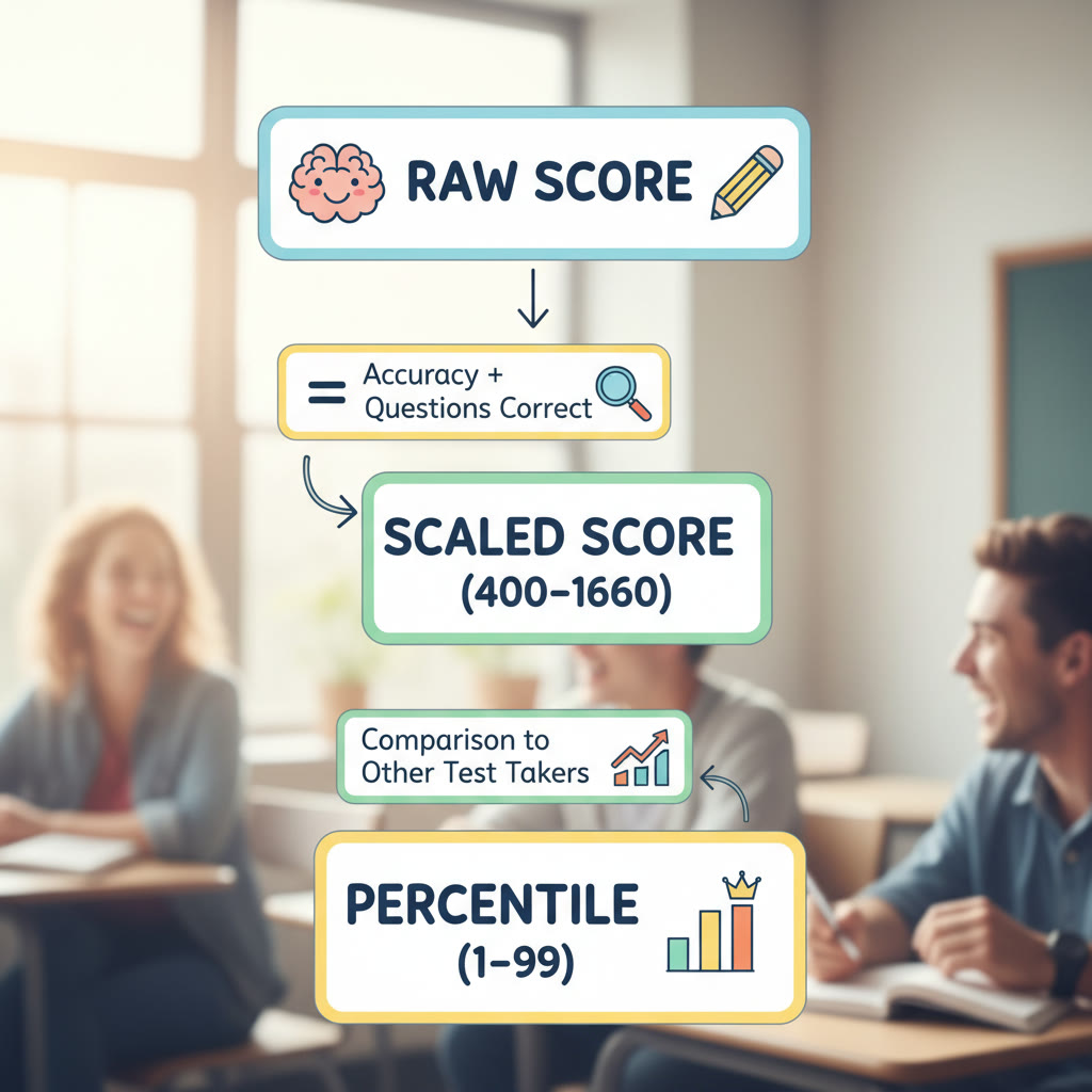 A friendly infographic showing the flow from raw score → scaled score → percentile, with arrows and simple icons for accuracy.
