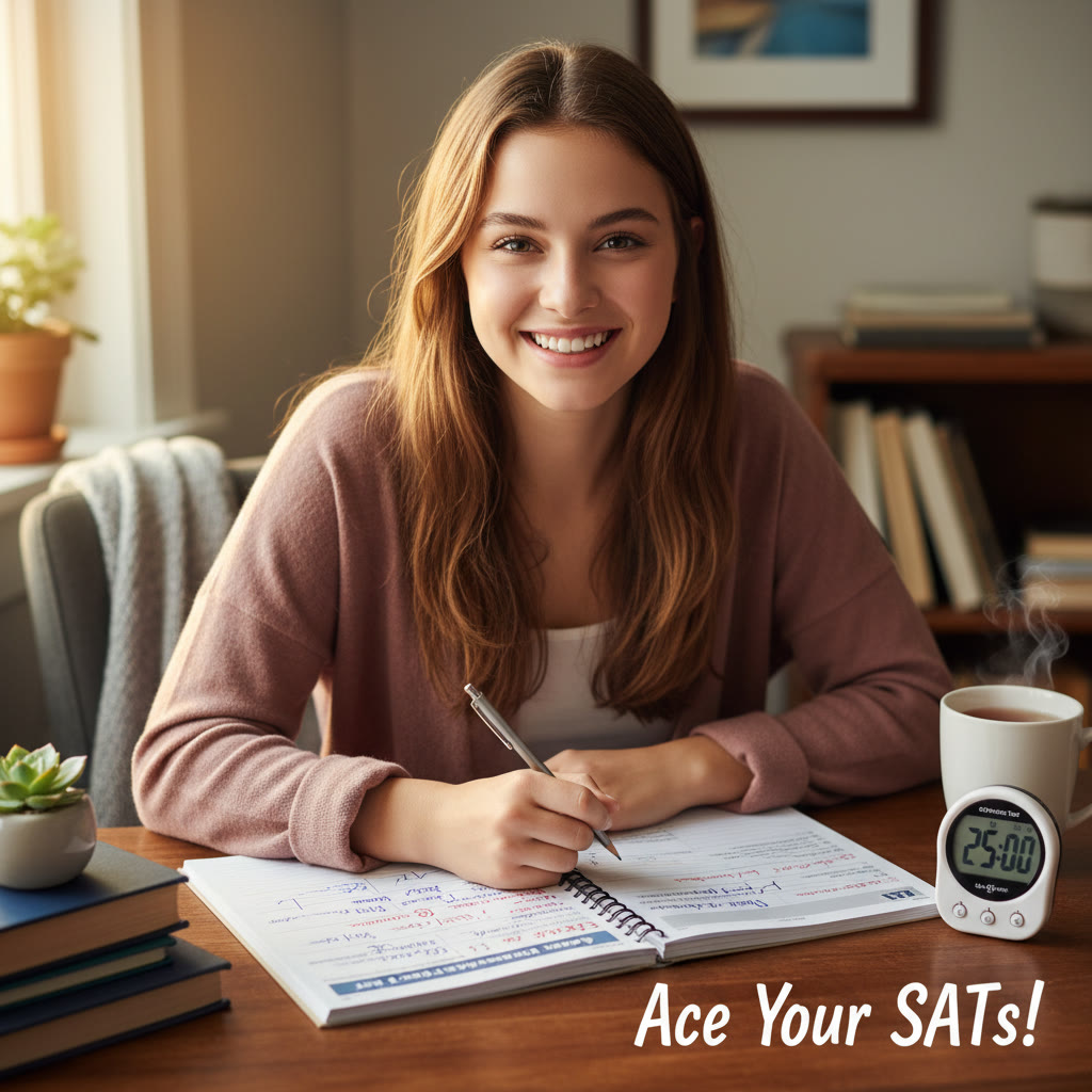 Student at a desk with annotated SAT practice booklet and a small timer on the side—natural light, cozy study setup.