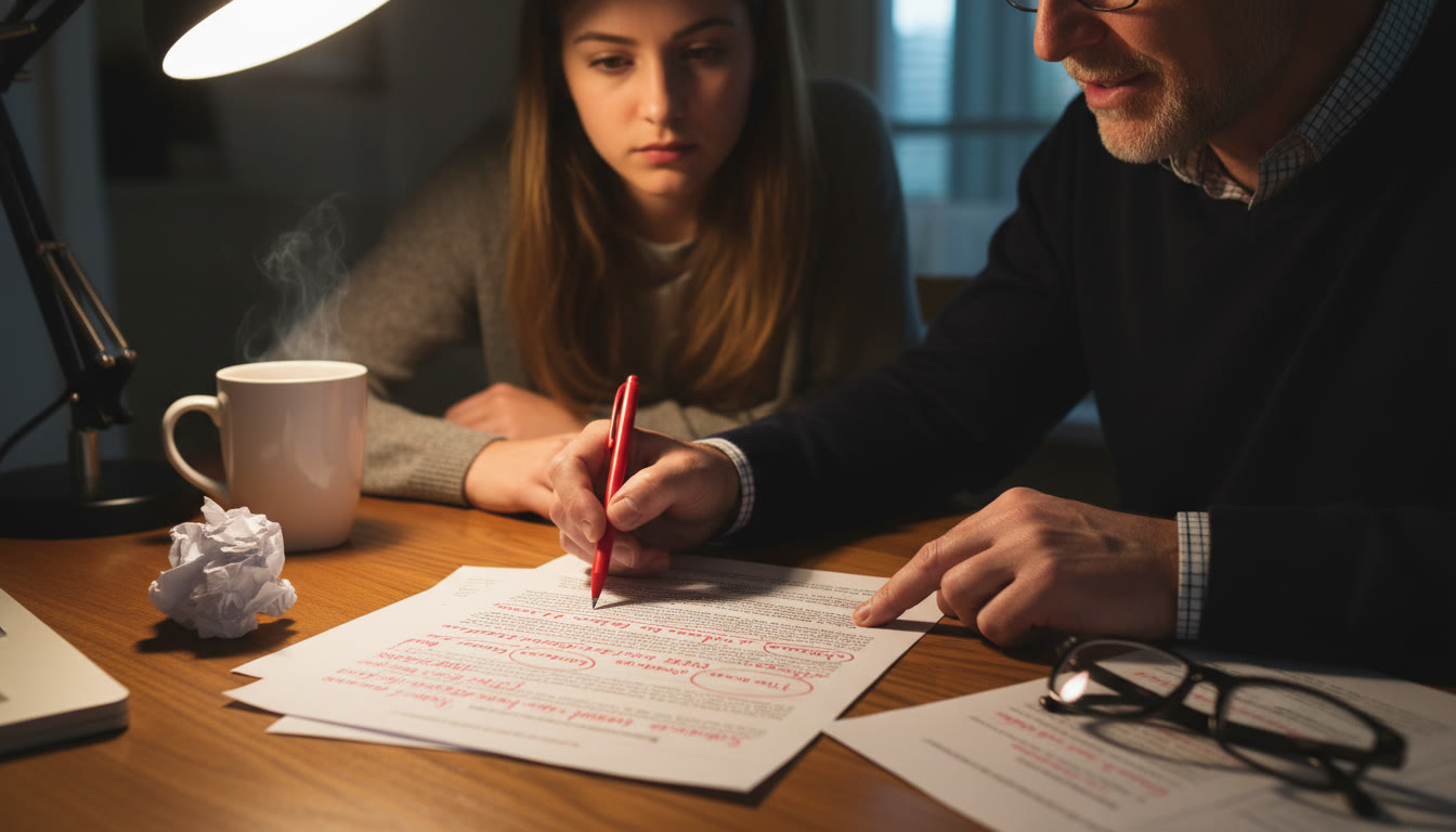 Photo Idea : A close-up of a marked-up essay with comments in the margin, showing a tutor's notes on counterarguments — emphasizing collaborative revision and the tactile nature of improvement.
