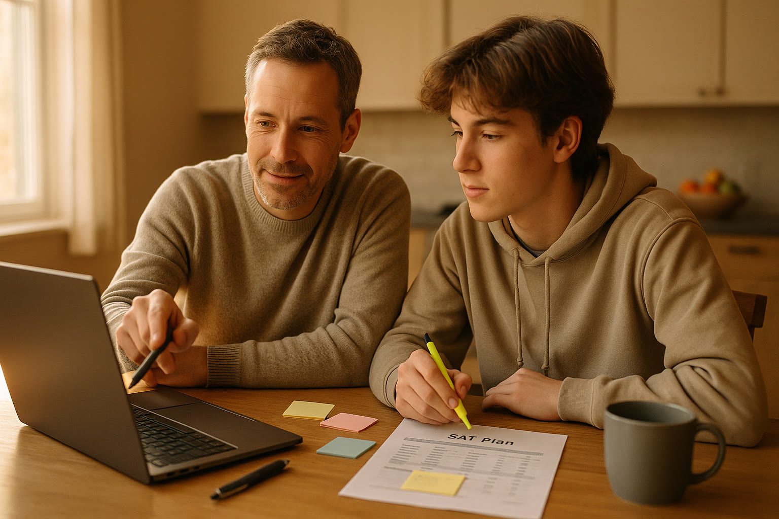 Photo Idea : Parent and teen at a kitchen table with a laptop open to a calendar, sticky notes, and a printout titled “SAT Plan” — natural light, warm tones.